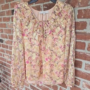 LOFT Cream Pink Ruffled Tie Front Blouse